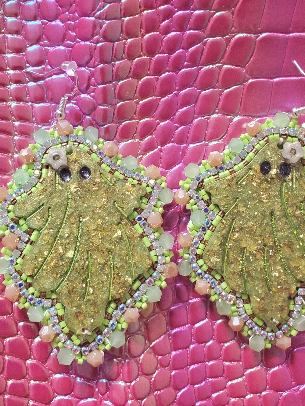 Handmade Green Beaded Ghost And Skull Drop Earrings